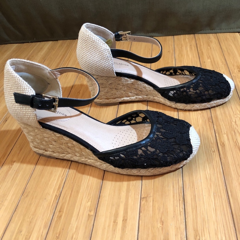 Boston Design Black and Tan Espadrille Wedge Sandals